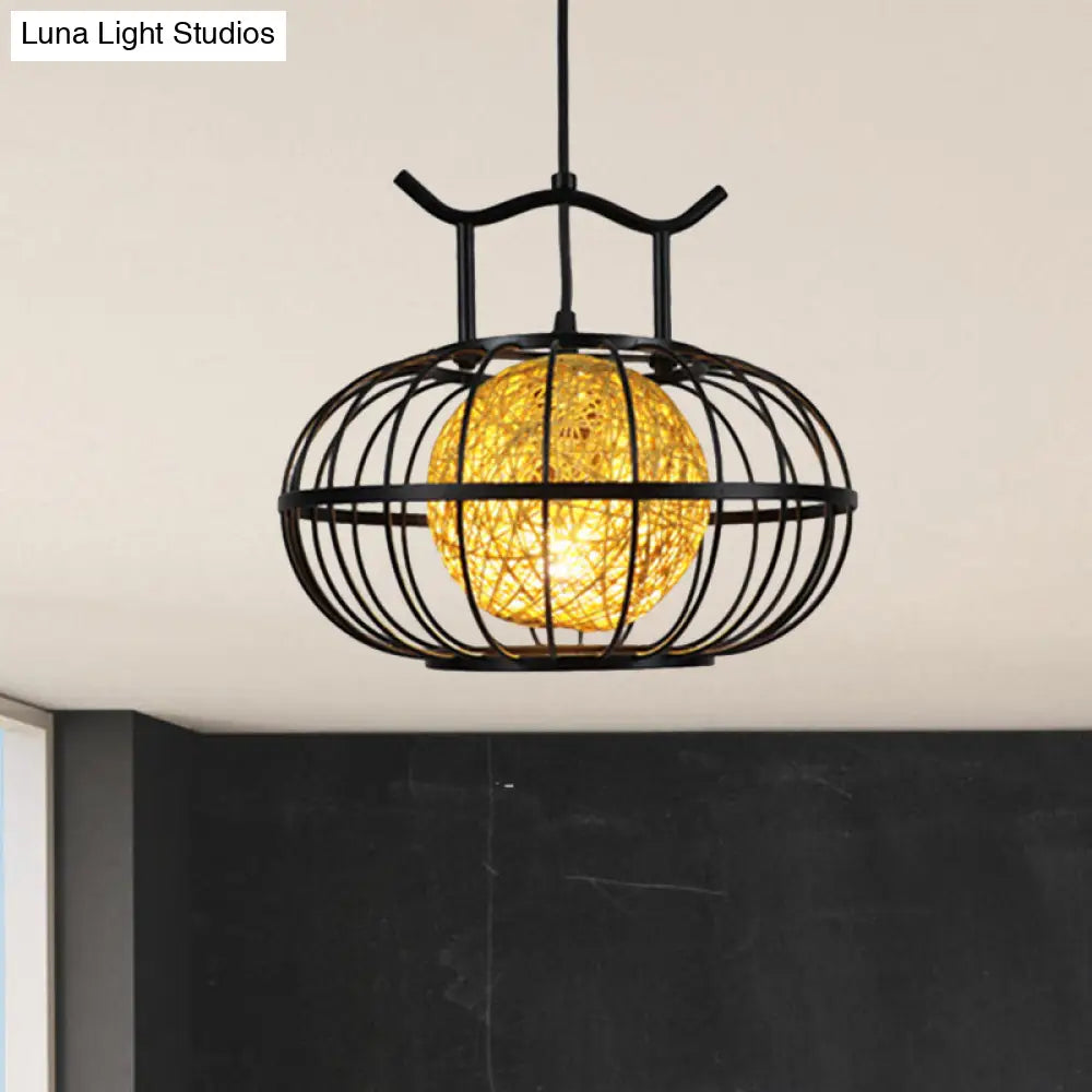 Metal Pumpkin Cage Hanging Pendant Light With Inner Rattan Ball Shade - Asian Style Suspension Lamp