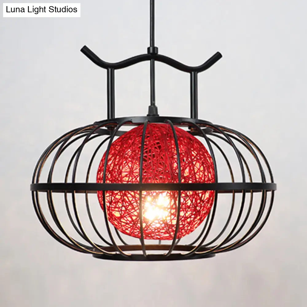 Metal Pumpkin Cage Hanging Pendant Light With Inner Rattan Ball Shade - Asian Style Suspension Lamp