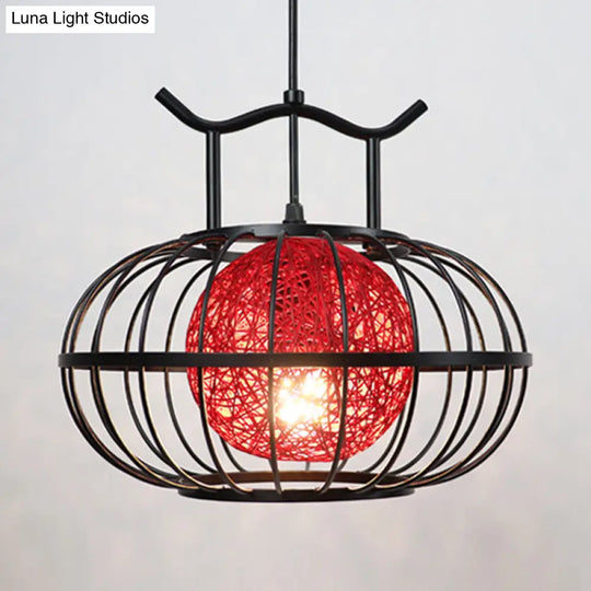 Metal Pumpkin Cage Hanging Pendant Light With Inner Rattan Ball Shade - Asian Style Suspension Lamp