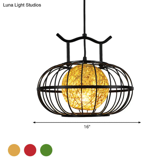 Metal Pumpkin Cage Hanging Pendant Light With Rattan Ball Shade - Asian Style Suspension Lamp