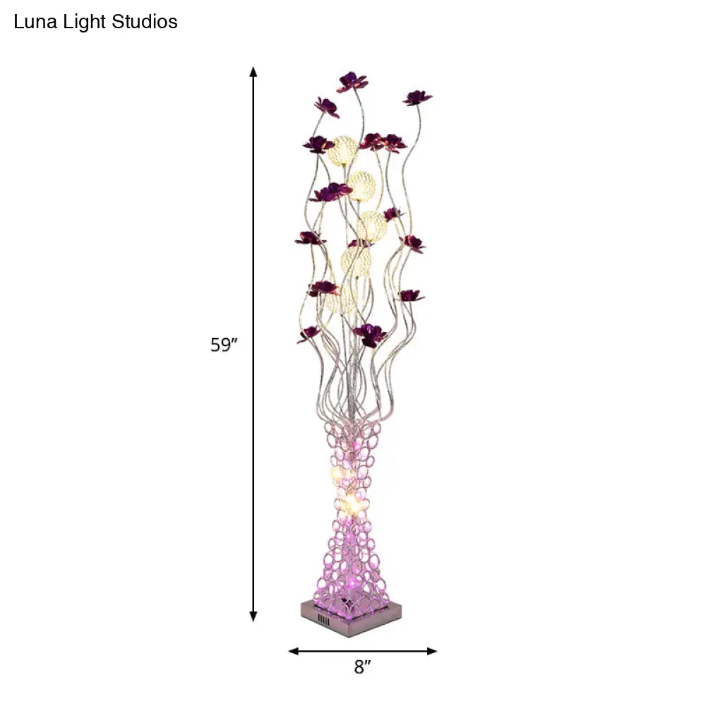 Metal Purple Floral Led Floor Reading Lamp With Hollowed Trapezoid Base - Standing Light Tree Branch