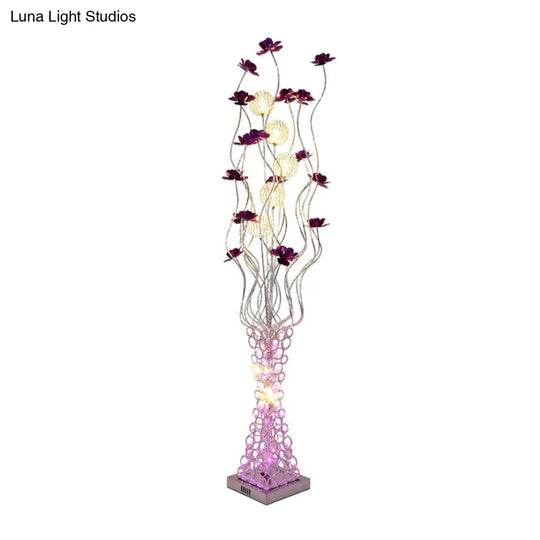 Metal Purple Floral Led Floor Reading Lamp With Hollowed Trapezoid Base - Standing Light Tree Branch