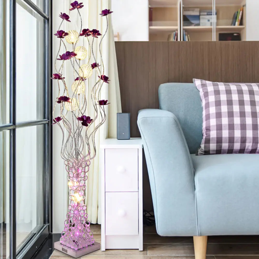 Metal Purple Floral Led Floor Reading Lamp With Hollowed Trapezoid Base - Standing Light Tree Branch