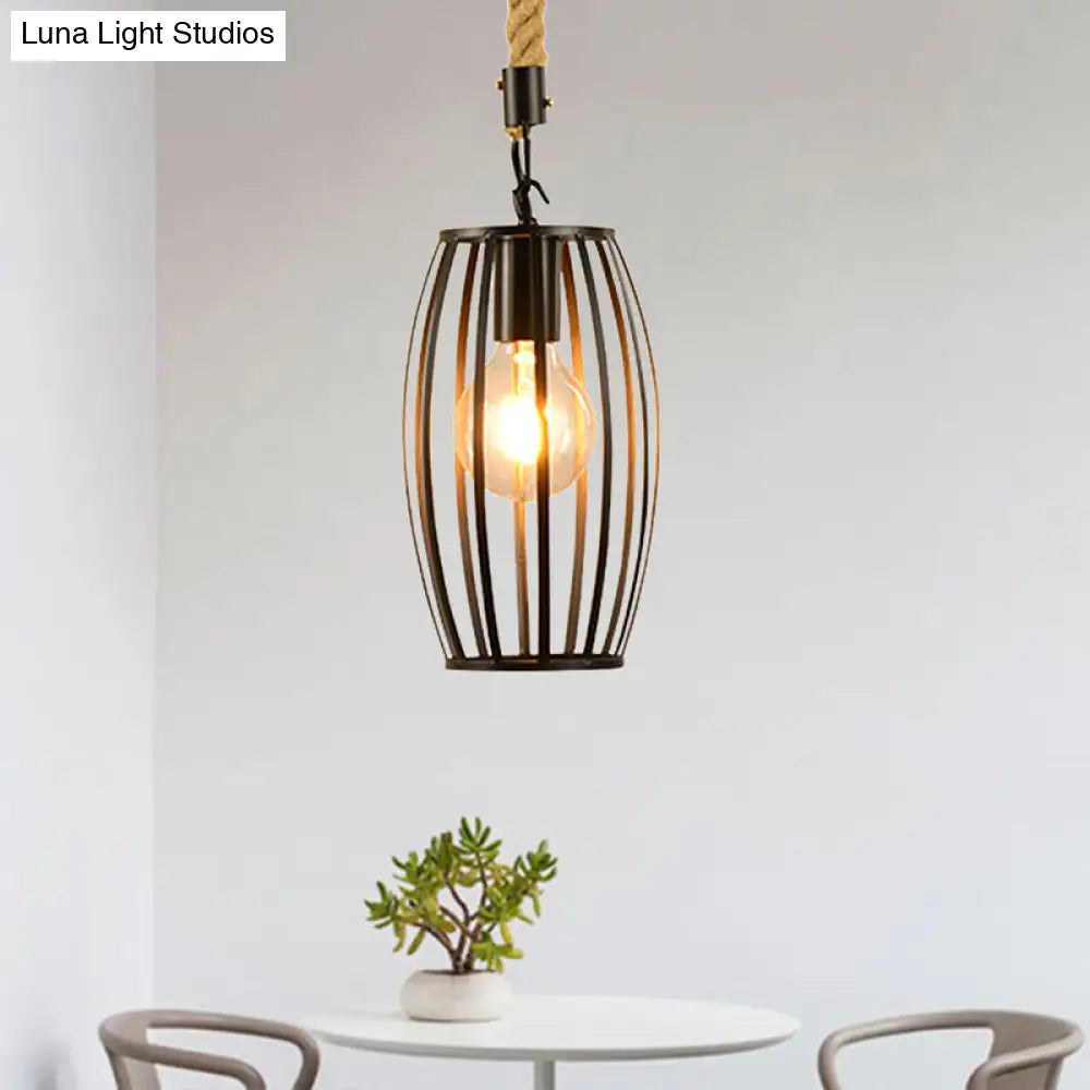 Metal & Rope Hanging Farmhouse Pendant Lamp - Black Globe/Cylinder/Barrel Cage Dining Room Lighting