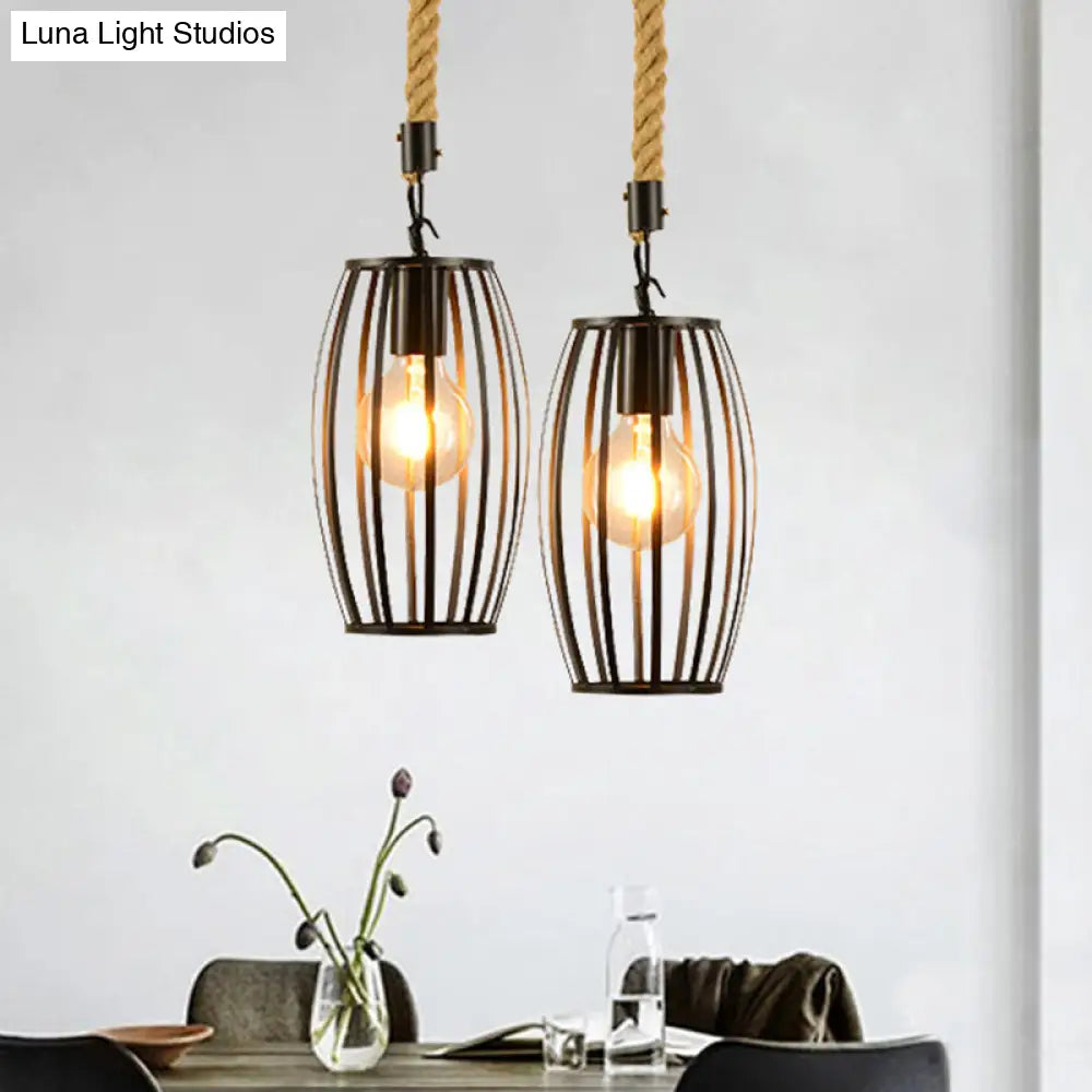 Metal & Rope Hanging Farmhouse Pendant Lamp - Black Globe/Cylinder/Barrel Cage Dining Room Lighting