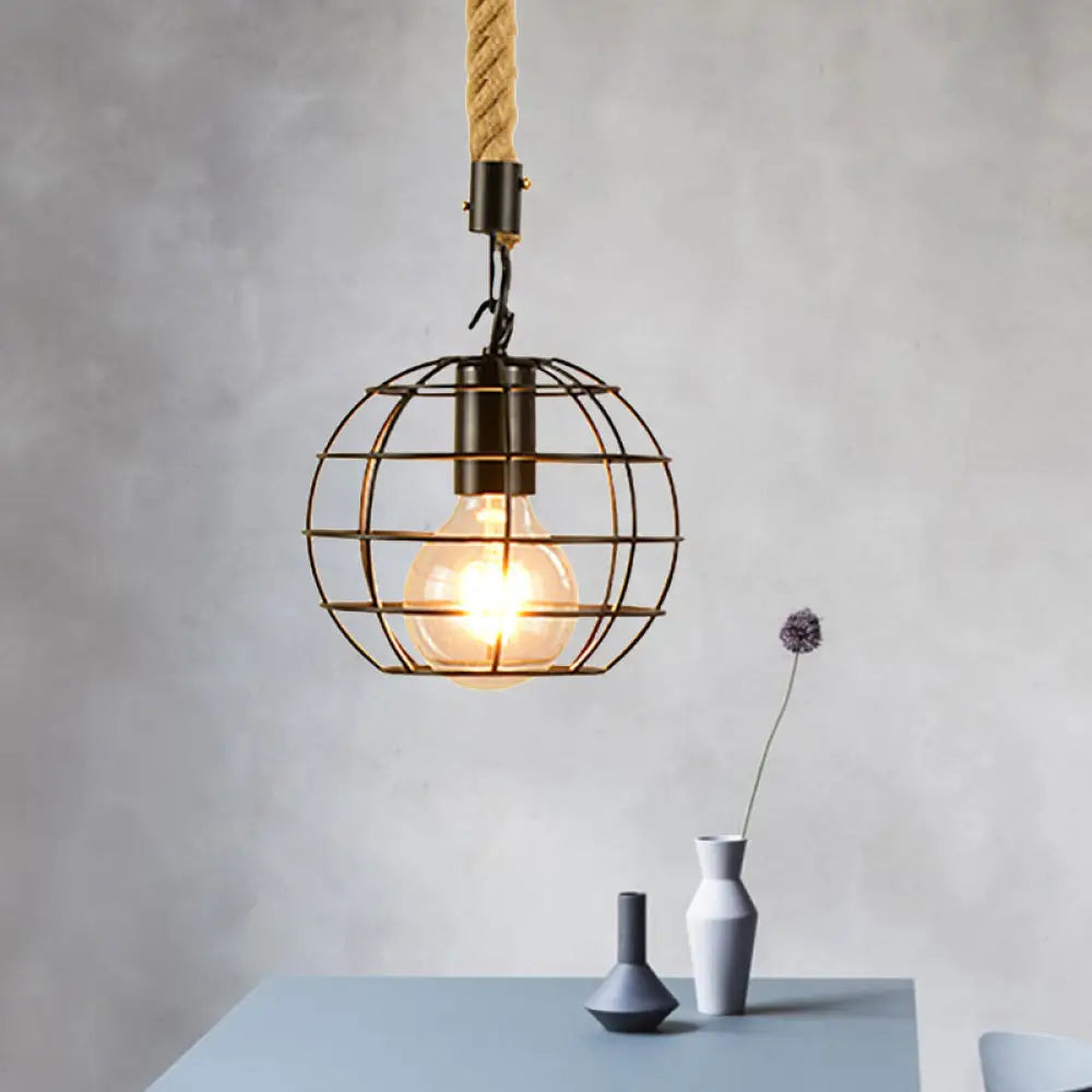 Metal & Rope Hanging Farmhouse Pendant Lamp - Black Globe/Cylinder/Barrel Cage Dining Room Lighting