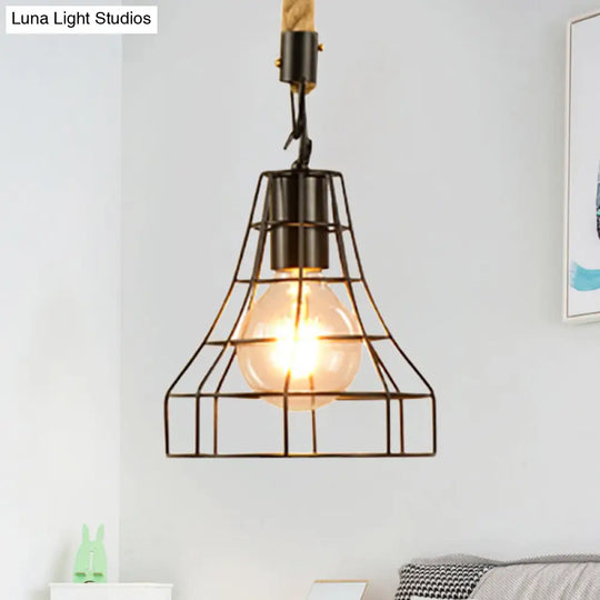 Metal & Rope Hanging Farmhouse Pendant Lamp - Black Globe/Cylinder/Barrel Cage Dining Room Lighting