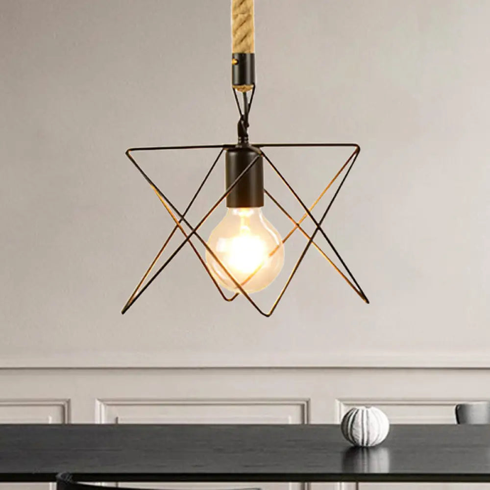 Metal & Rope Hanging Farmhouse Pendant Lamp - Black Globe/Cylinder/Barrel Cage Dining Room Lighting