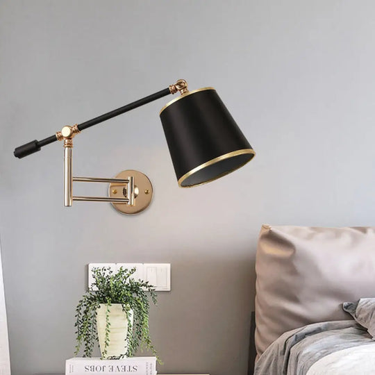 Metal Rotatable Arm Wall Sconce Light Fixture With Black Barrel Shade - Gold/Silver Finish Bedroom