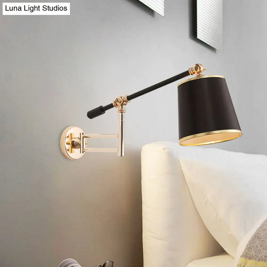 Metal Rotatable Arm Wall Sconce Light Fixture With Black Barrel Shade - Gold/Silver Finish Bedroom