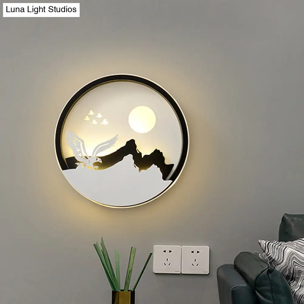 Metal Round Led Black Wall Lamp Sconce With Modernist Deer Girl Eagle And Windmill Design - Perfect