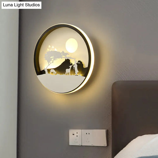 Metal Round Led Black Wall Lamp Sconce With Modernist Deer Girl Eagle And Windmill Design - Perfect