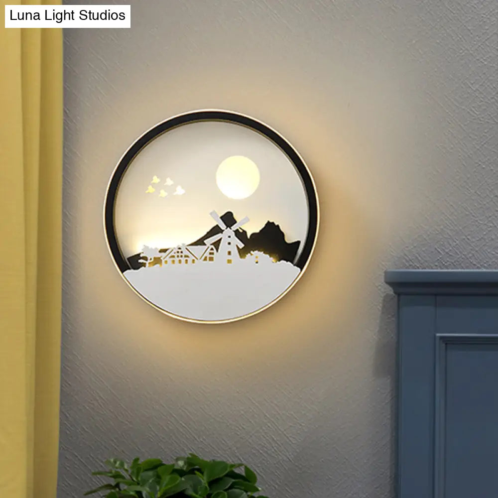 Metal Round Led Black Wall Lamp Sconce With Modernist Deer Girl Eagle And Windmill Design - Perfect