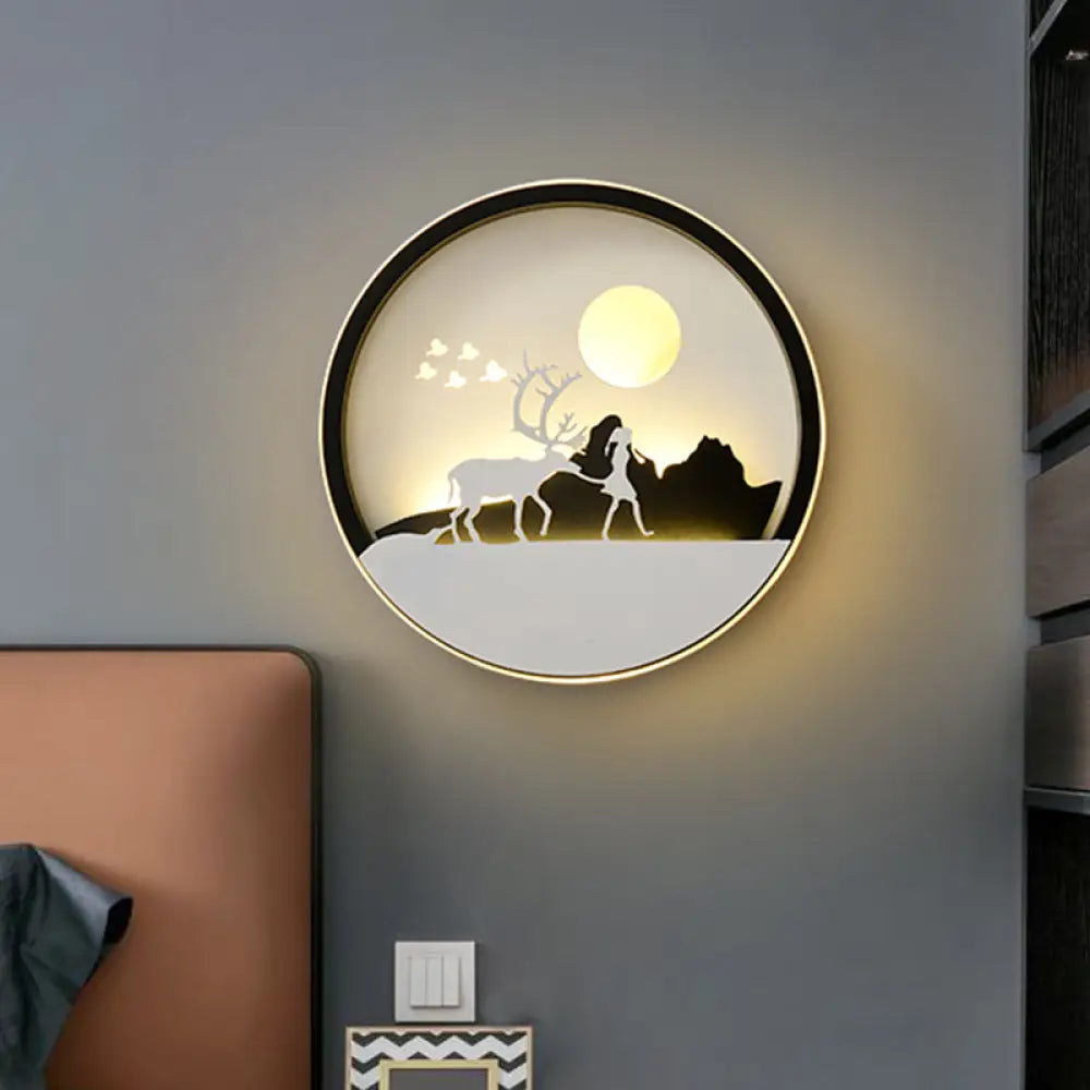 Metal Round Led Black Wall Lamp Sconce With Modernist Deer Girl Eagle And Windmill Design - Perfect