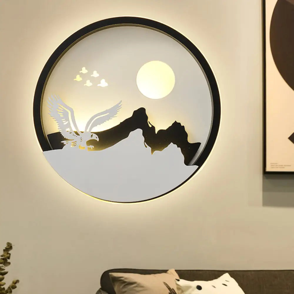 Metal Round Led Black Wall Lamp Sconce With Modernist Deer Girl Eagle And Windmill Design - Perfect