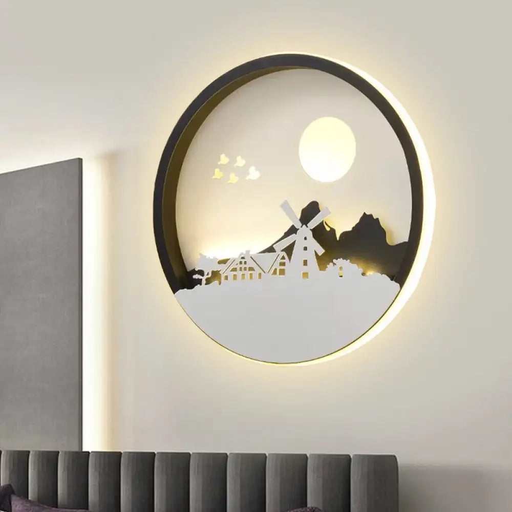 Metal Round Led Black Wall Lamp Sconce With Modernist Deer Girl Eagle And Windmill Design - Perfect