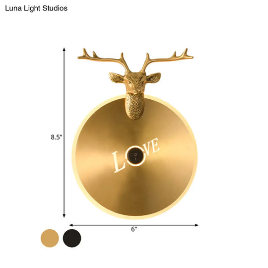 Metal Round Panel Led Wall Sconce In Brass/Black With Elk Decoration - Perfect For Traditional