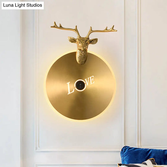 Metal Round Panel Led Wall Sconce In Brass/Black With Elk Decoration - Perfect For Traditional