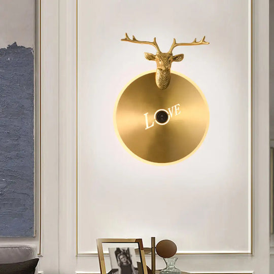 Metal Round Panel Led Wall Sconce In Brass/Black With Elk Decoration - Perfect For Traditional