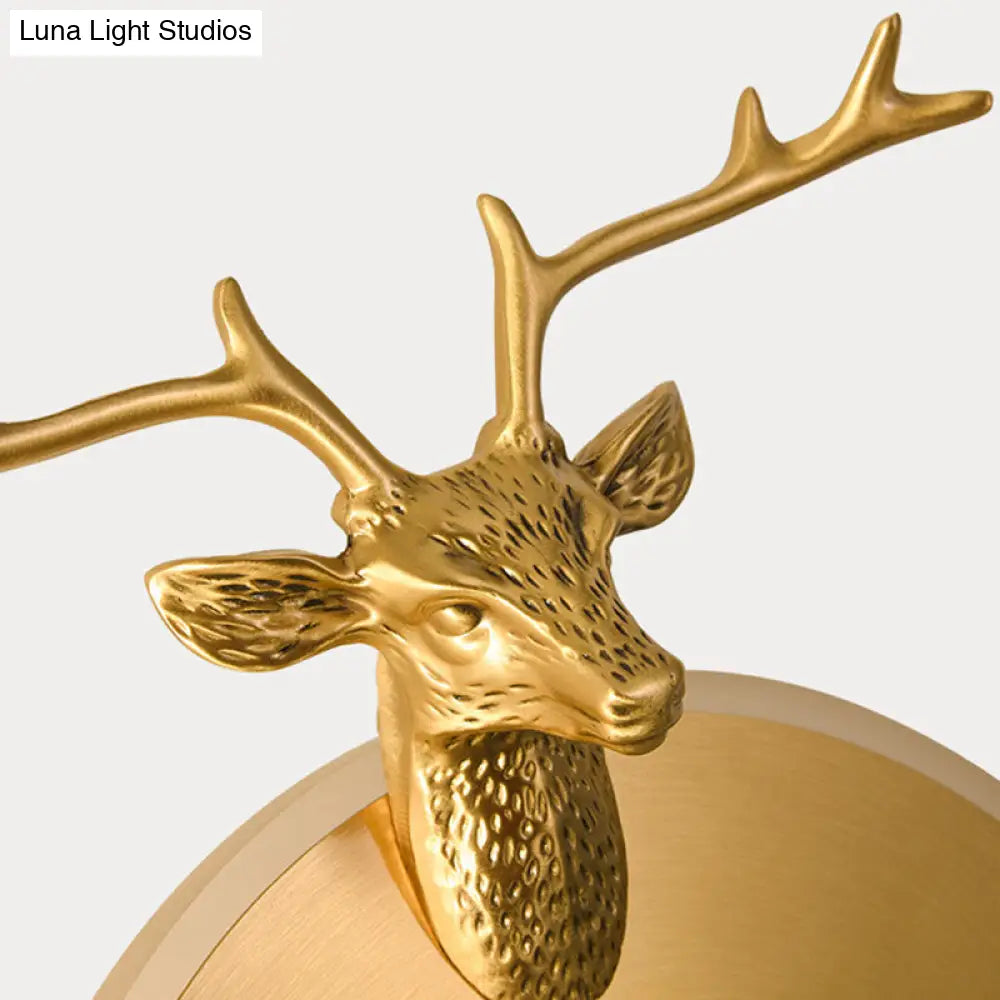 Metal Round Panel Led Wall Sconce In Brass/Black With Elk Decoration - Perfect For Traditional