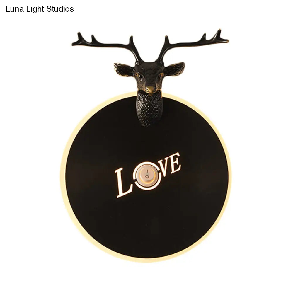 Metal Round Panel Led Wall Sconce In Brass/Black With Elk Decoration - Perfect For Traditional