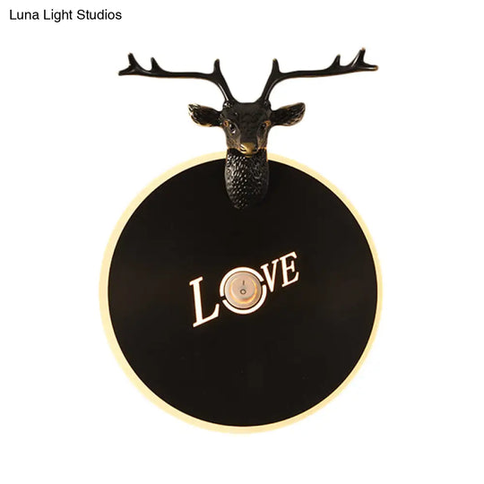 Metal Round Panel Led Wall Sconce In Brass/Black With Elk Decoration - Perfect For Traditional