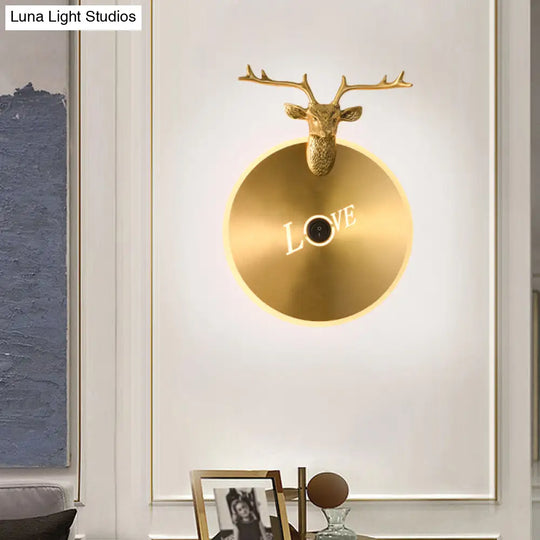 Metal Round Panel Led Wall Sconce In Brass/Black With Elk Decoration - Perfect For Traditional