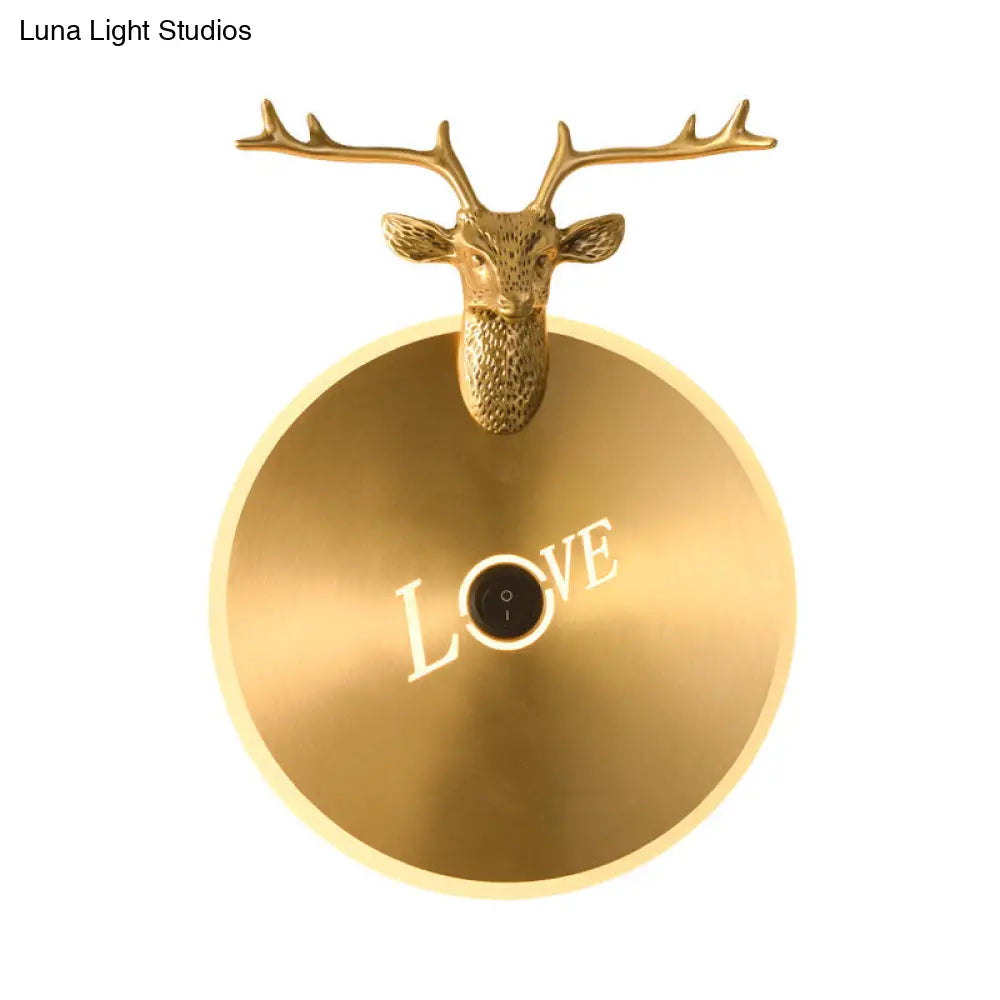 Metal Round Panel Led Wall Sconce In Brass/Black With Elk Decoration - Perfect For Traditional