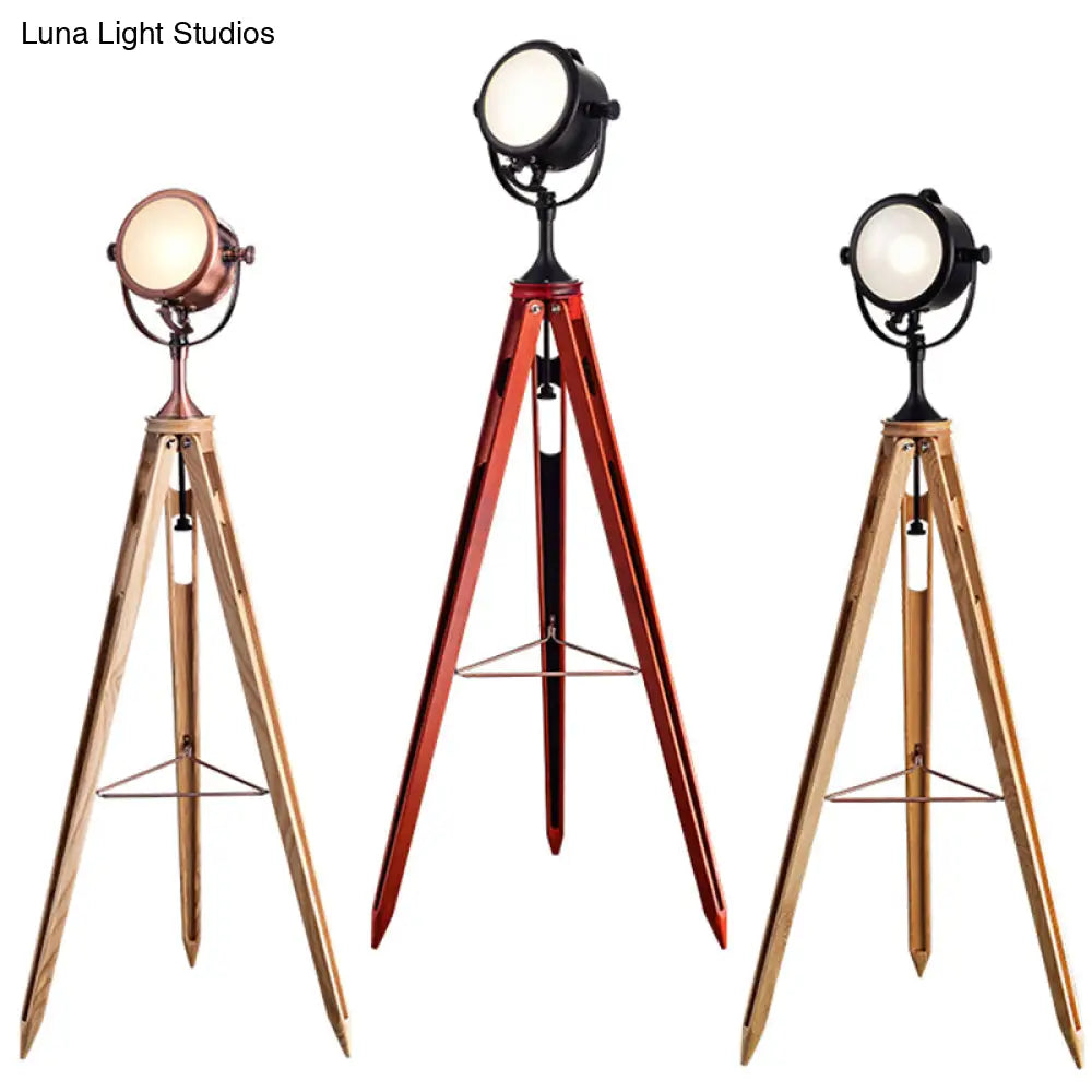 Metal Round Spotlight Floor Lamp With Wooden Tripod - Industrial Style 1 Head For Living Room