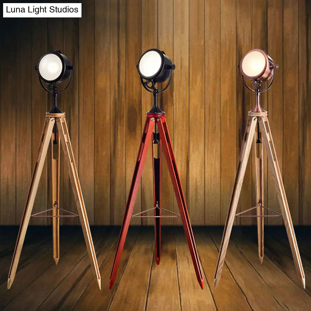 Metal Round Spotlight Floor Lamp With Wooden Tripod - Industrial Style 1 Head For Living Room