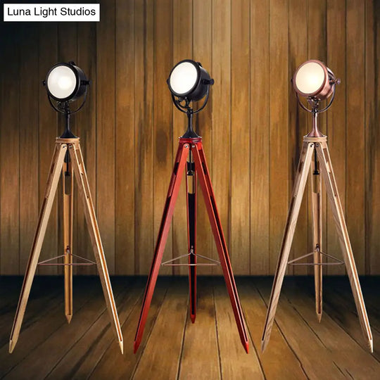 Metal Round Spotlight Floor Lamp With Wooden Tripod - Industrial Style 1 Head For Living Room