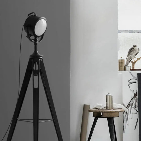 Metal Round Spotlight Floor Lamp With Wooden Tripod - Industrial Style 1 Head For Living Room Matte