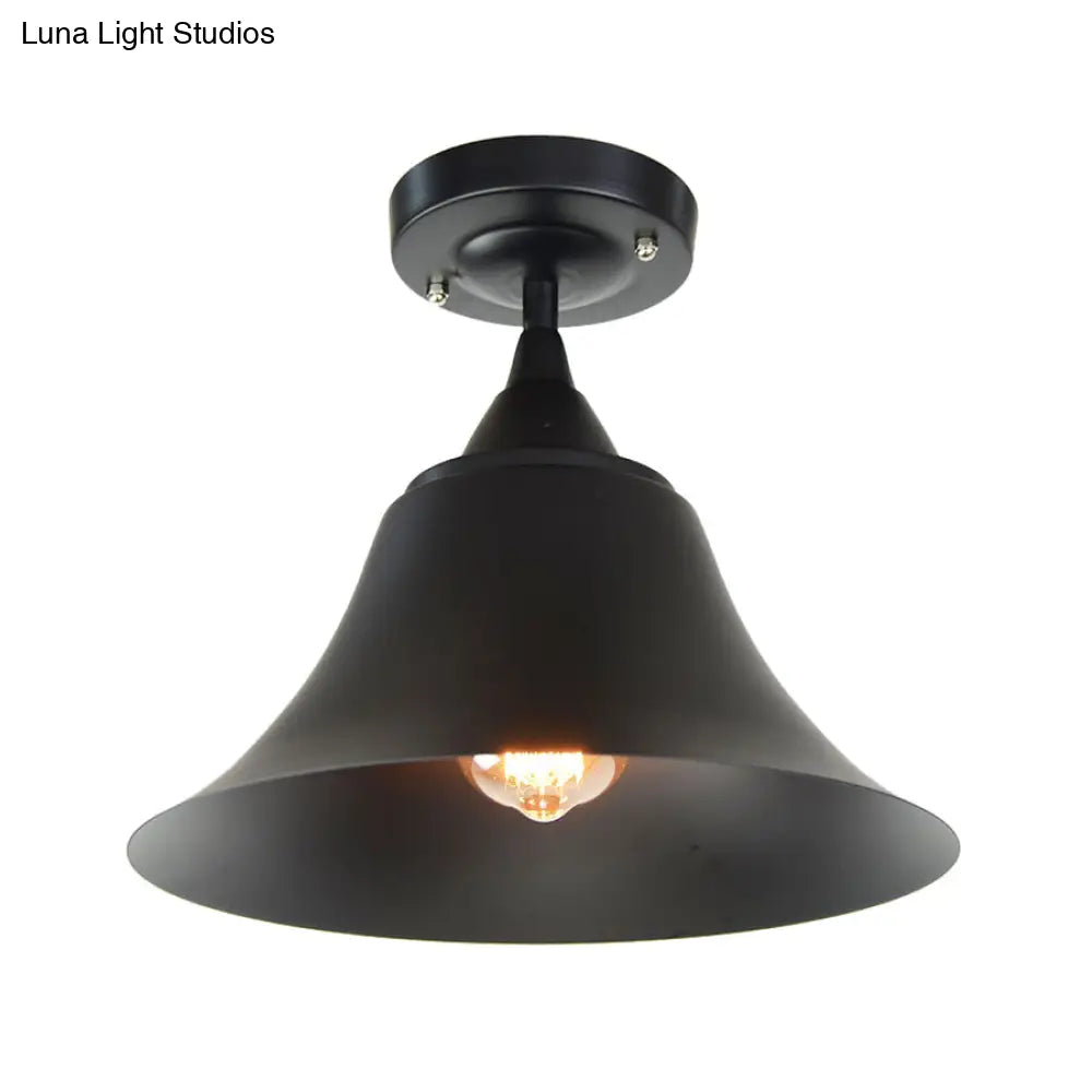 Metal Semi Flush Industrial Ceiling Light Fixture - Single Bulb Black Cone Design For Living Room