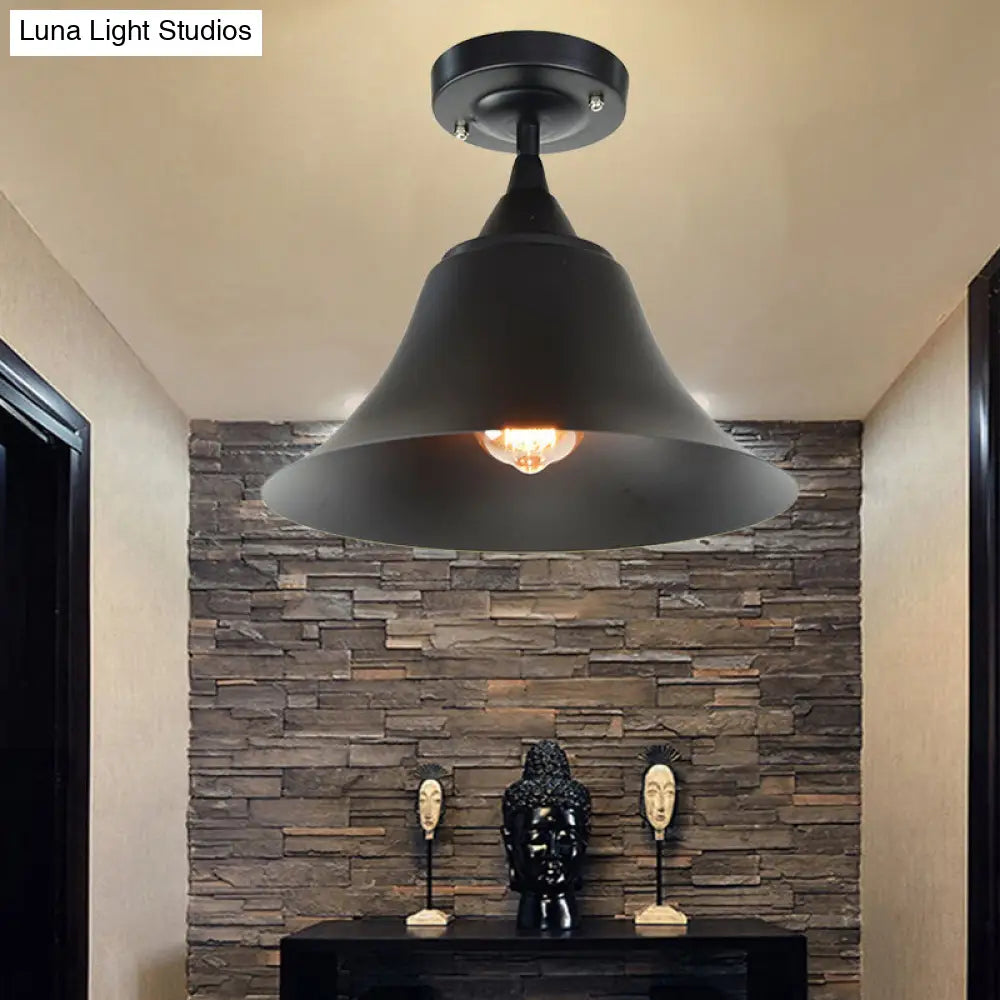 Metal Semi Flush Industrial Ceiling Light Fixture - Single Bulb Black Cone Design For Living Room