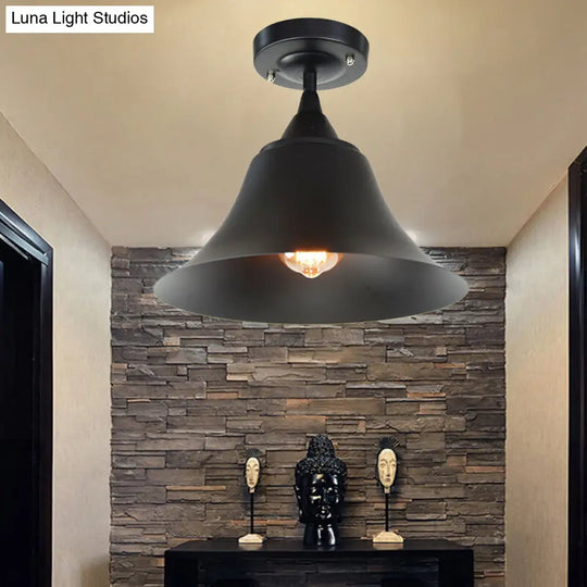 Metal Semi Flush Industrial Ceiling Light Fixture - Single Bulb Black Cone Design For Living Room