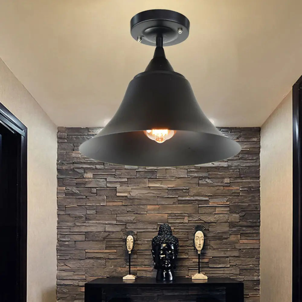 Metal Semi Flush Industrial Ceiling Light Fixture - Single Bulb Black Cone Design For Living Room