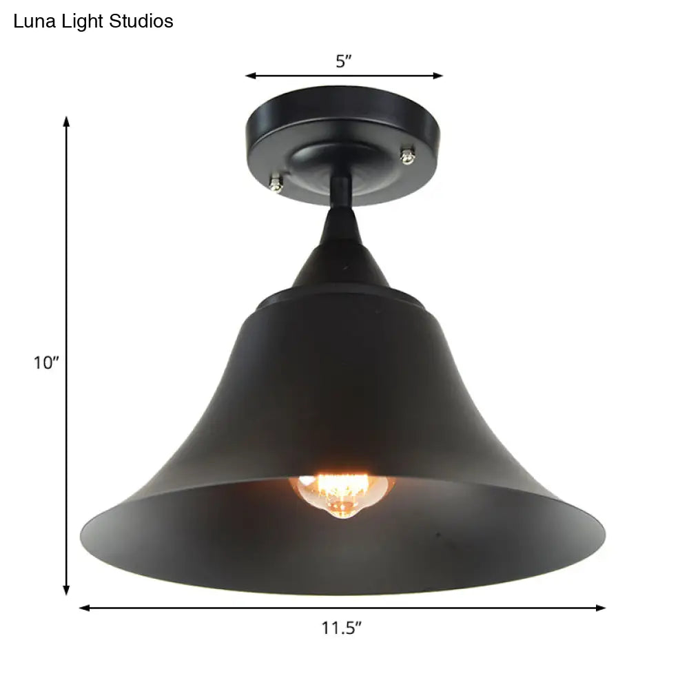 Metal Semi Flush Industrial Ceiling Light Fixture - Single Bulb Black Cone Design For Living Room