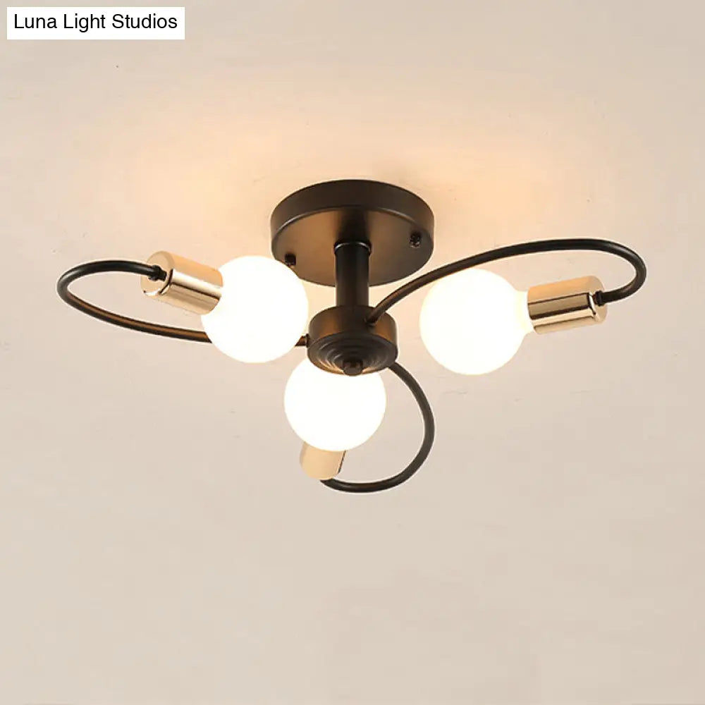 Metal Semi Flush Light With Exposed Bulbs - Traditional Black Ceiling Lighting For Living Room