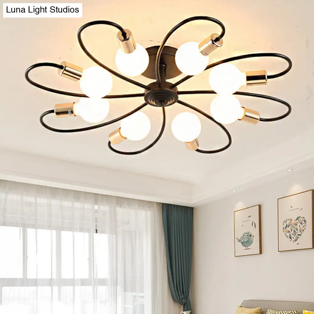 Metal Semi Flush Light With Exposed Bulbs - Traditional Black Ceiling Lighting For Living Room