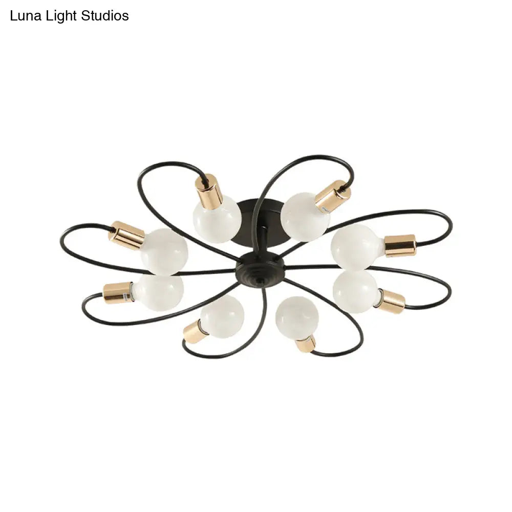 Metal Semi Flush Light With Exposed Bulbs - Traditional Black Ceiling Lighting For Living Room