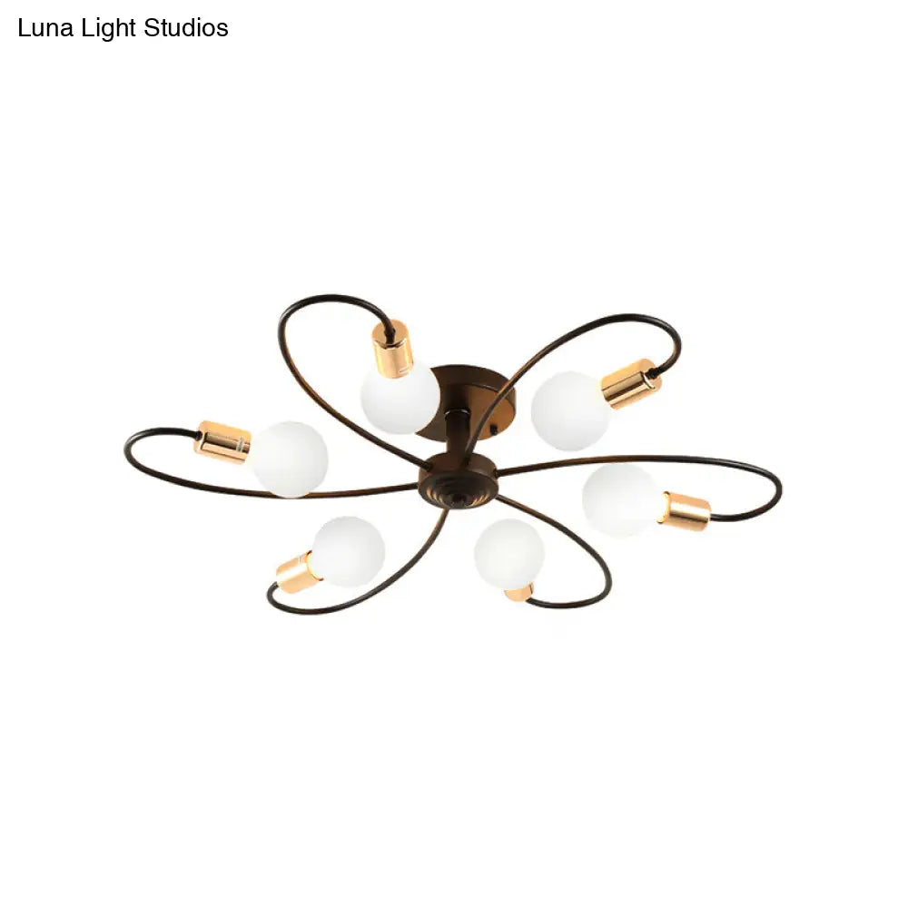 Metal Semi Flush Light With Exposed Bulbs - Traditional Black Ceiling Lighting For Living Room