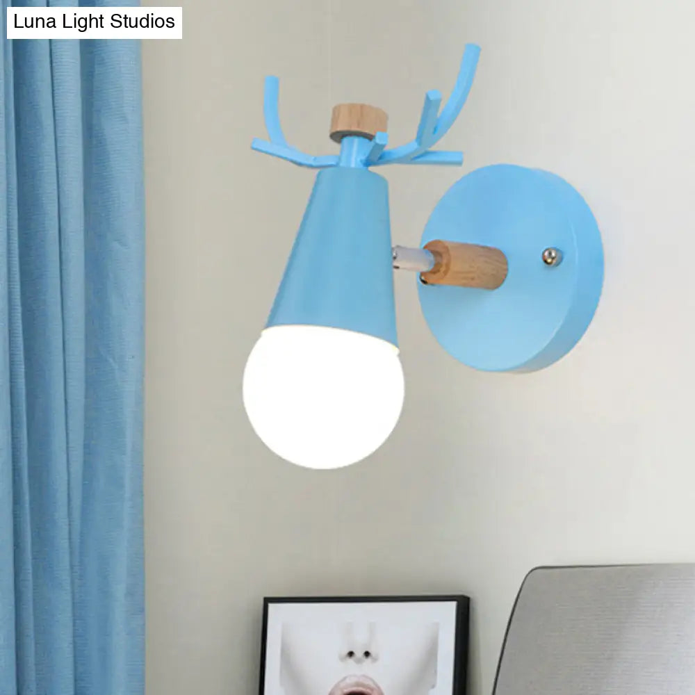 Metal Small Cone Wall Light With Rotatable Deer Horn - Nordic Style For Kids Bedroom 1 Lamp