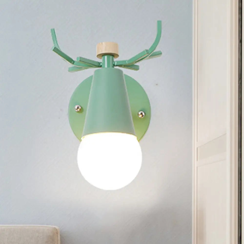 Metal Small Cone Wall Light With Rotatable Deer Horn - Nordic Style For Kids Bedroom 1 Lamp Green