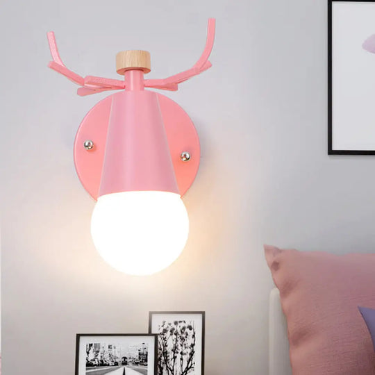 Metal Small Cone Wall Light With Rotatable Deer Horn - Nordic Style For Kids Bedroom 1 Lamp Pink