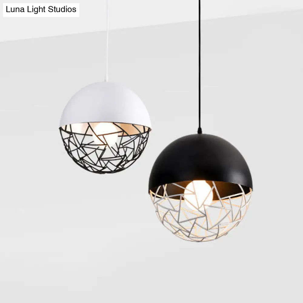 Metal Sphere Pendant Light Fixture - Contemporary Hollow Design With 1 Bulb Suspended In Black/White