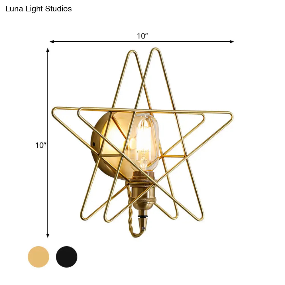 Metal Star-Caged Wall Lamp Sconce - Loft Style Bedroom Lighting (Black/Gold)