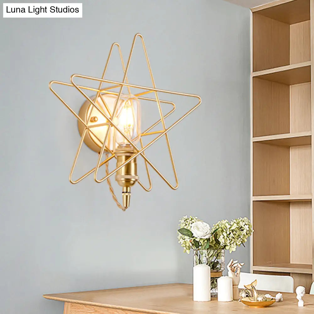 Metal Star-Caged Wall Lamp Sconce - Loft Style Bedroom Lighting (Black/Gold)