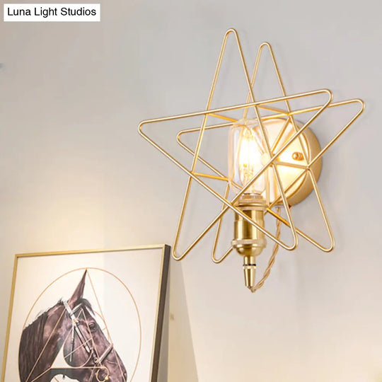 Metal Star-Caged Wall Lamp Sconce - Loft Style Bedroom Lighting (Black/Gold)