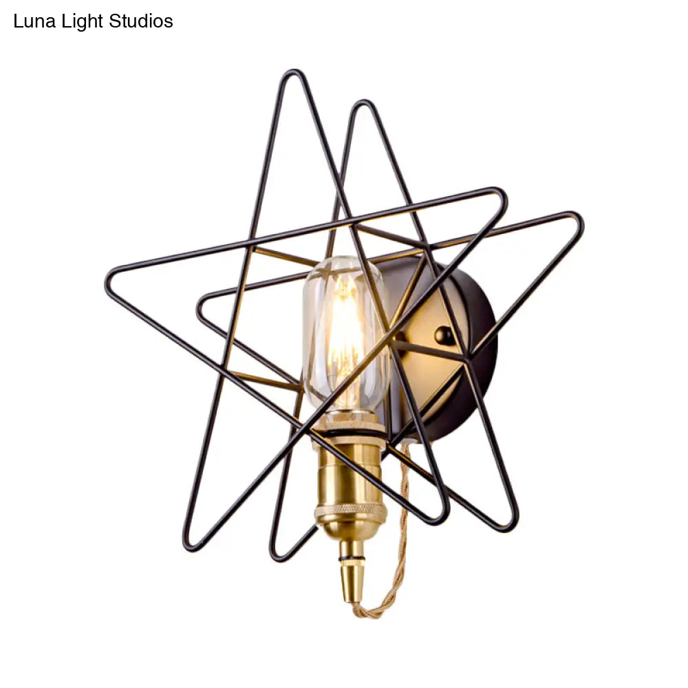 Metal Star-Caged Wall Lamp Sconce - Loft Style Bedroom Lighting (Black/Gold)