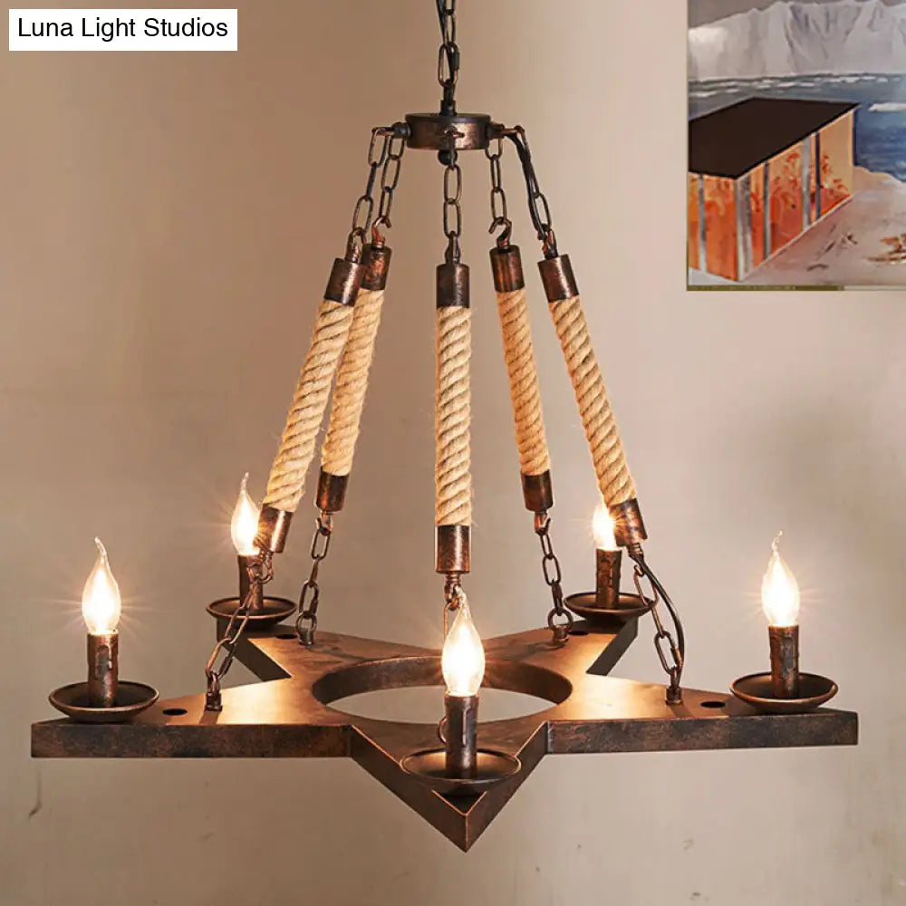 Metal Star-Shaped Chandelier Pendant Light - Retro 5-Light Restaurant Fixture In Black/Rust